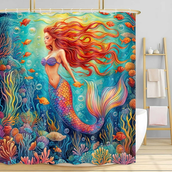 Ocean Coastal Mermaid Shower Curtain, Nautical Beach Sealife Colorful Coral Plant Bathroom Decor, Sea Animals Vintage Watercolor Design Pretty Shower Curtain Set for Girls with 12 Hooks 72x72 inch
