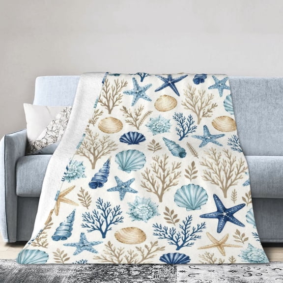 Ocean Coastal Nautical Blanket Coral Starfish Seashell Throw Blanket Gifts for Women Men Soft Blankets for Room Decor 50x40