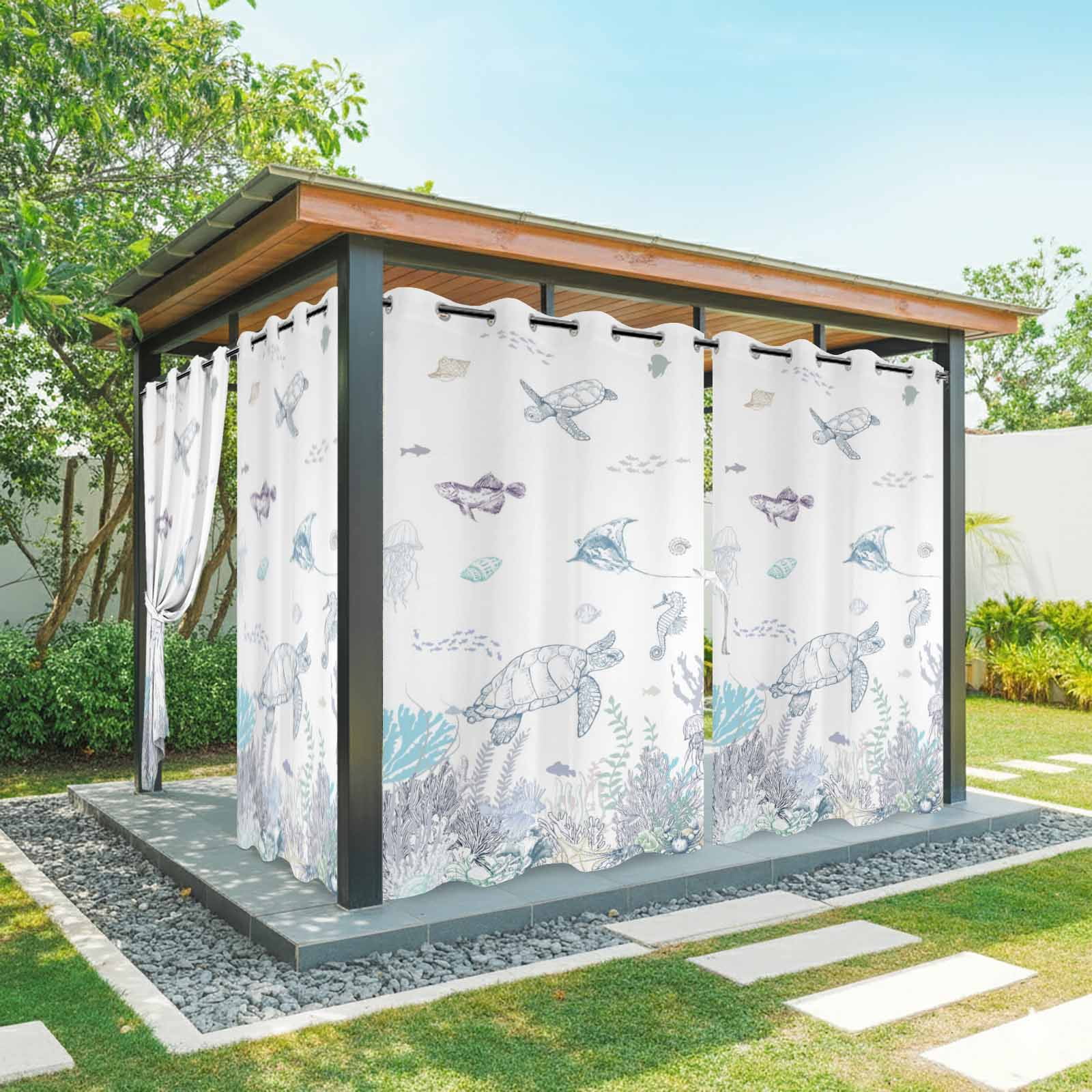 Ocean Coastal Outdoor Curtains for Patio, Sea Turtle Coral Starfish Seaweed Hand Drawn Sunshade Privacy Drapes Grommet Waterproof Outside Curtains for Porch/Cabana/Balcony 54"x 108", 1 Panel