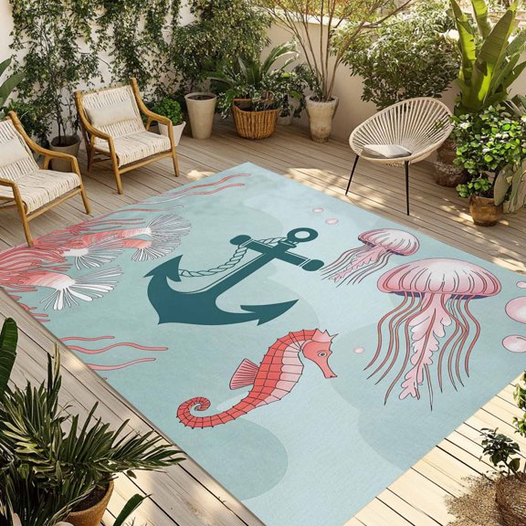 Ocean Coastal Outdoor Rug 3x5 Ft - Reversible Patio Rug Outdoor Camping Rugs, Nautical Anchor Jellyfish Coral Seahorse Washable Indoor Outdoor Area Rugs, Non-Slip Outdoor Carpet Runner for Deck/Porch
