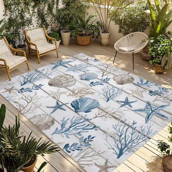 Ocean Coastal Outdoor Rug for Patio/Deck/Porch, Non-Slip Large Area Rug 6 x 9 Ft, Ocean Nautical Coral Shells Wooden Grain Indoor Outdoor Rugs Washable Area Rugs, Reversible Camping Rug Carpet Runner