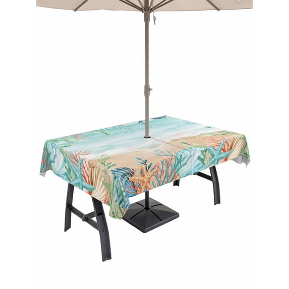 Ocean Coastal Outdoor Tablecloth - 60x120 Inch Rectangle Dining Table Cover, Summer Nautical Beach Coral Starfish Waterproof Outdoor Table Cloth with Umbrella Hole & Zipper for Picnic/Patio/Party