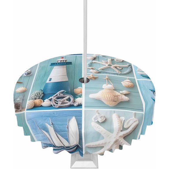 Ocean Coastal Outdoor Tablecloth with Umbrella Hole Round, Nautical Starfish Lighthouse Anchor Ship Waterproof Table Cloth Washable Wipeable Cover Spill Proof for Patio Spring Summer Picnic BBQ 60"