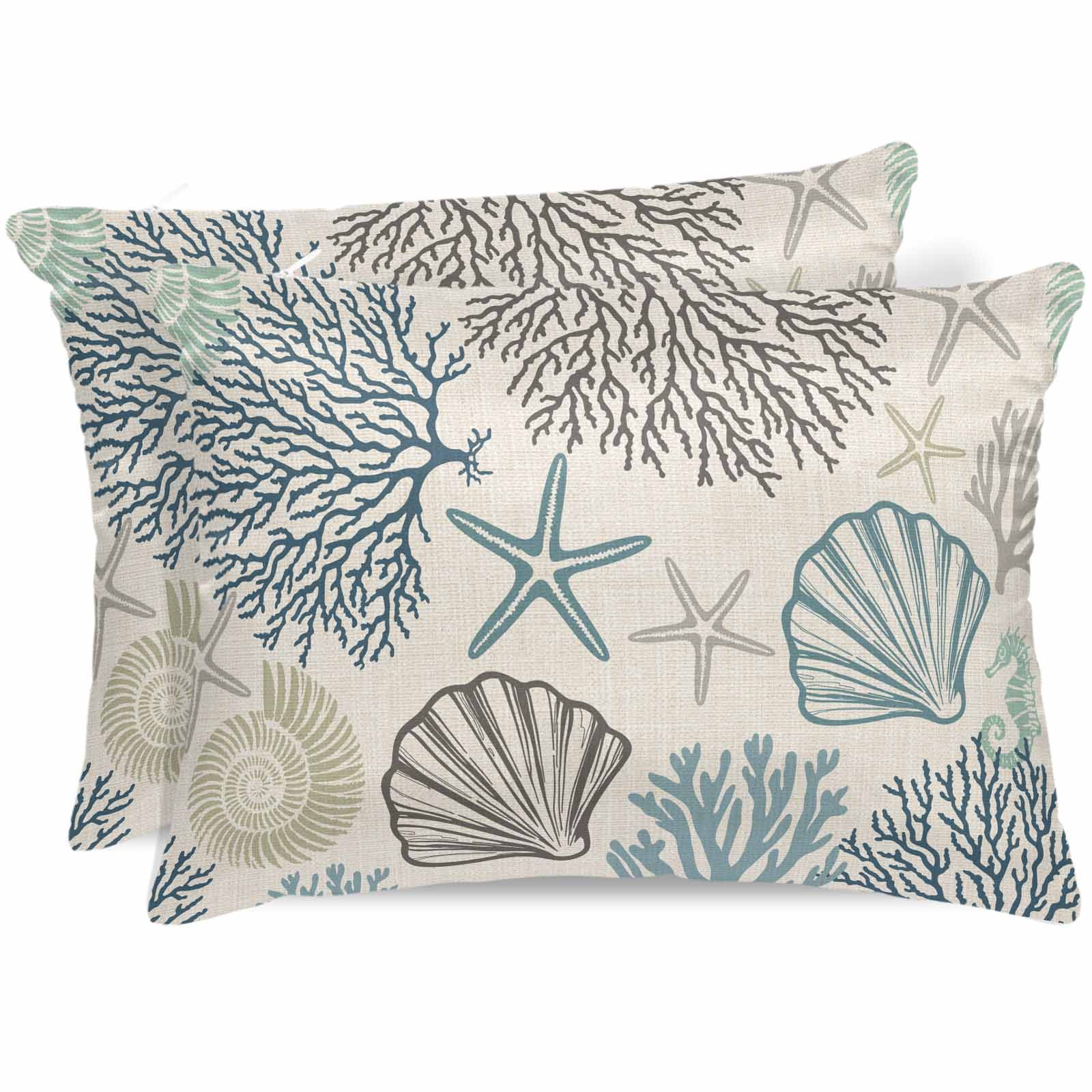 Ocean Coastal Pillow Cases Standard Size Set of 2, Smooth Satin Pillowcase for Hair and Skin, Retro Coral Starfish Shell Seahorse Decorative Cooling Bed Pillow Covers with Zipper, 20x26 Inches
