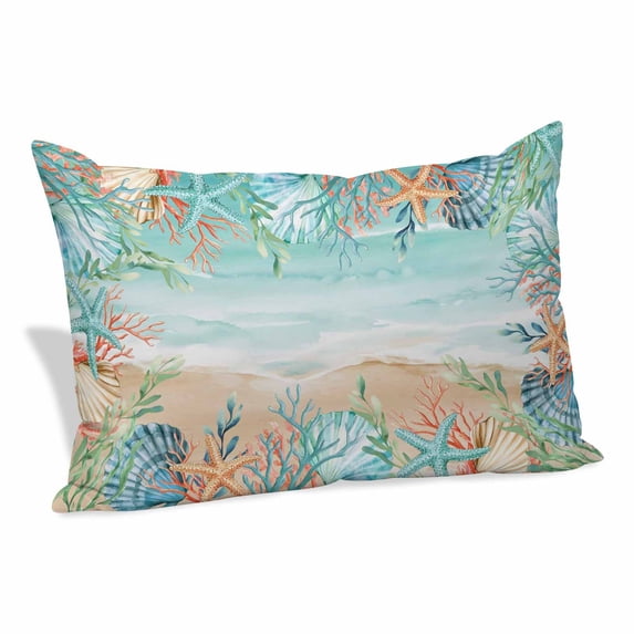 Ocean Coastal Pillow Covers, Linen Long Throw Pillow Case, Summer Nautical Beach Coral Starfish Holiday Pillow Protector Decorative Cushion Cover for Living Room/Bedroom 16" x 24"