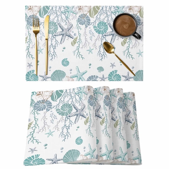 Ocean Coastal Placemats Set of 4 Nautical Starfish Conch Seashells Coral Place Mats Indoor Wipeable Table Mats Washable Cloth Dining Table Placemats for Kitchen Holiday Party Home Decor 13x19 Inch