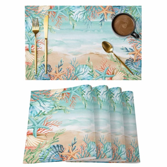 Ocean Coastal Placemats Set of 4 Summer Nautical Beach Coral Starfish Place Mats Indoor Wipeable Table Mats Washable Cloth Dining Table Placemats for Kitchen Holiday Party Home Decor 13x19 Inch