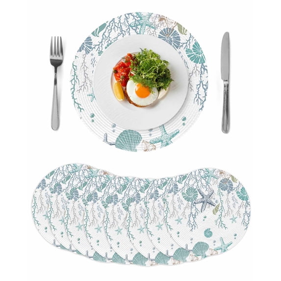 Ocean Coastal Round 13 Inch Placemats Set of 8, Nautical Starfish Conch Seashells Coral HeatResistant Non Slip Place Mats for Dining Table, Wipeable Braided Kitchen Table Mats for Housewarming