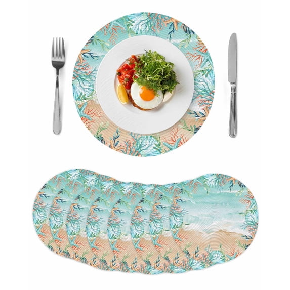 Ocean Coastal Round 13 Inch Placemats Set of 8, Summer Nautical Beach Coral Starfish HeatResistant Non Slip Place Mats for Dining Table, Wipeable Braided Kitchen Table Mats for Housewarming