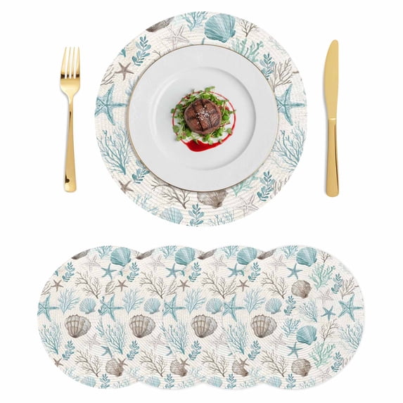 Ocean Coastal Round 15 Inch Placemats Set of 4, Nautical Beach Starfish Coral Seashells Leaf HeatResistant Non Slip Place Mats for Dining Table, Wipeable Braided Kitchen Table Mats for Housewarming