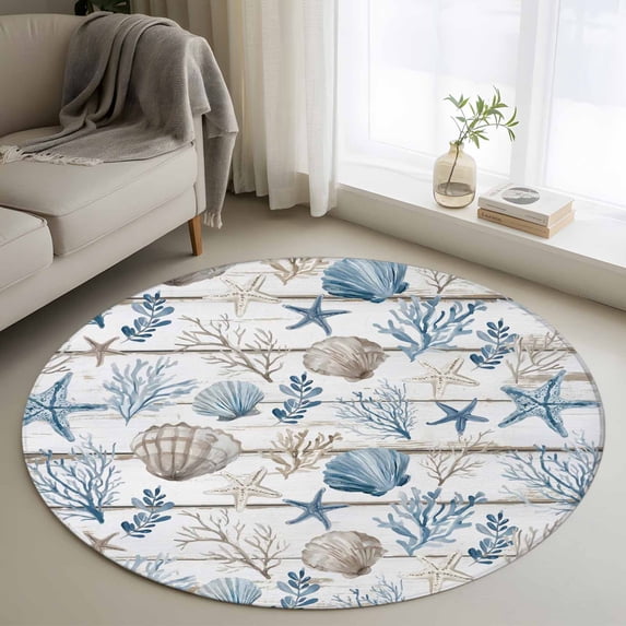 Ocean Coastal Round Area Rug 4Ft Washable Circle Rugs for Bedroom Dining Room, Ocean Nautical Coral Shells Wooden Grain Non-Slip Carpet Floor Mats Indoor Outdoor Carpet Runner Aesthetic Home Decor