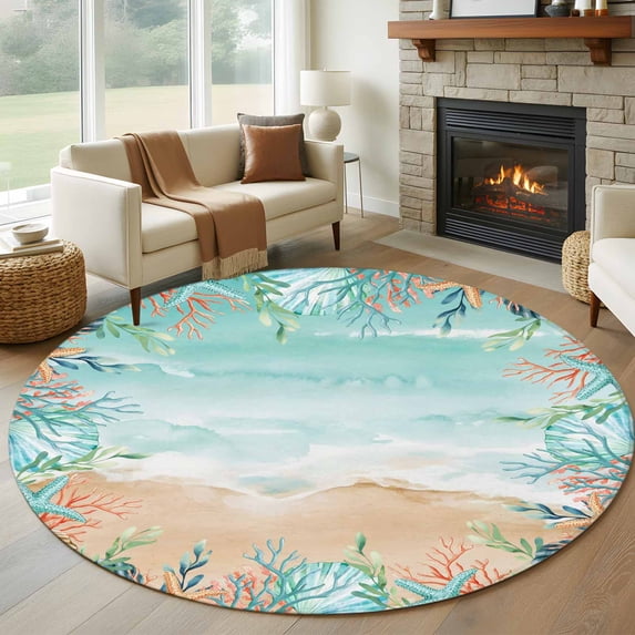 Ocean Coastal Round Area Rug 6Ft Washable Circle Rugs for Bathroom Office, Summer Nautical Beach Coral Starfish Non-Slip Carpet Floor Mats Indoor Outdoor Carpet Runner Aesthetic Home Decor