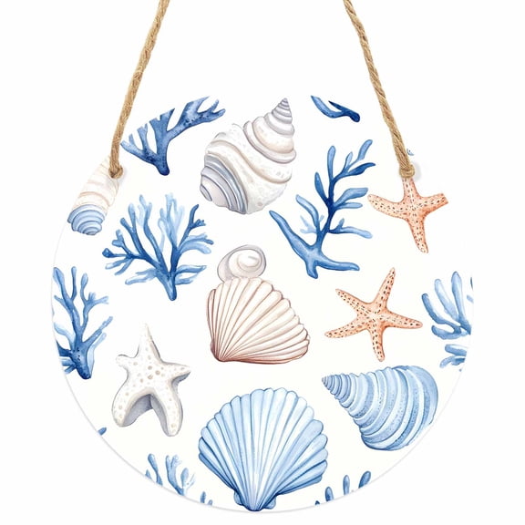 Ocean Coastal Round Front Door Welcome Sign, 5.9 Inch Wall Hanging Decor for Indoor Outdoor, Blue Coral Shell Starfish Beach Summer Home Porch Hanger Decorations for Holiday Gift