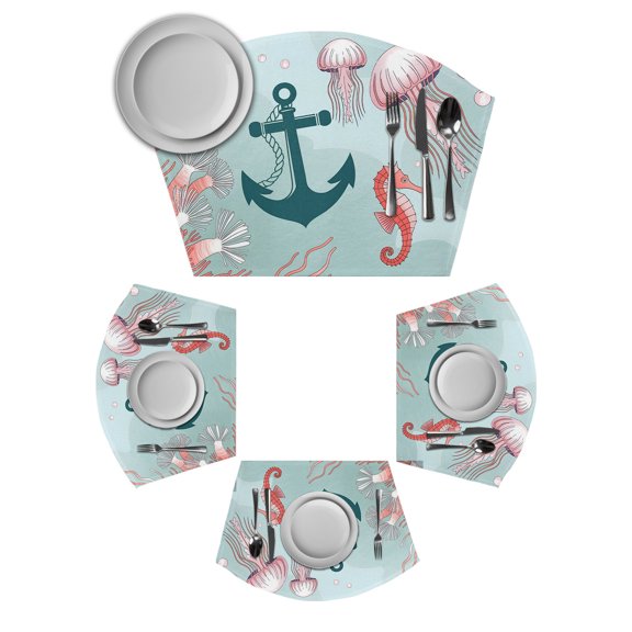 Ocean Coastal Round Table Placemats Set of 2 Wedge Placemats, Nautical Anchor Jellyfish Coral Seahorse Place Mats for Dining Table Set Washable Mats Kitchen Decor for Indoor Outdoor Wipe Clean