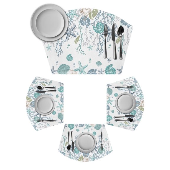 Ocean Coastal Round Table Placemats Set of 4 Wedge Placemats, Nautical Starfish Conch Seashells Coral Place Mats for Dining Table Set Washable Mats Kitchen Decor for Indoor Outdoor Wipe Clean