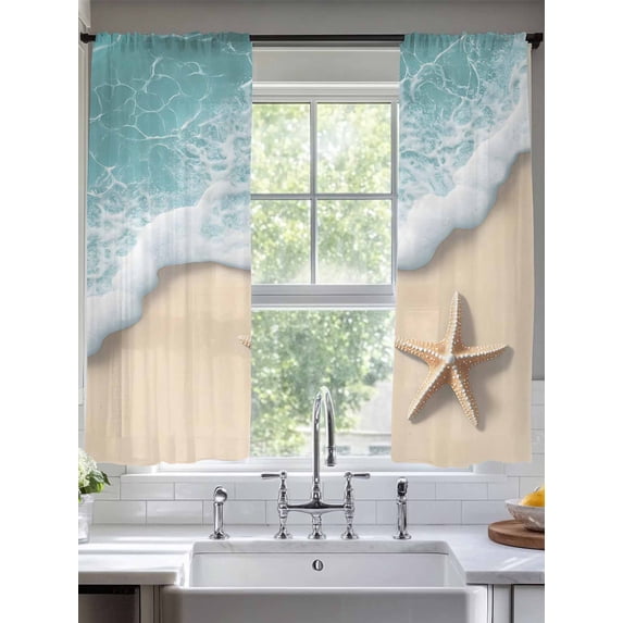 Ocean Coastal Sheer Curtains for Living Room Bedroom Brown Beach Starfish Waves Shore Abstract Sheer Curtains 72 Inch Long 2 Panels Set Light Filtering Curtain Window Treatments Drapes