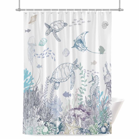 Ocean Coastal Shower Curtain, 36" x 72", Sea Turtle Coral Starfish Seaweed Hand Drawn Waterproof Bathroom Curtain Washable Shower Curtain Set with 12 Hooks