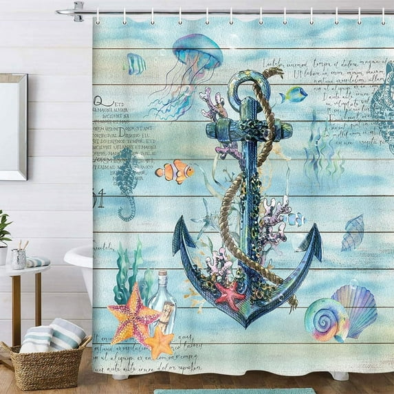 Ocean Coastal Shower Curtain for Bathroom, Beach Theme Anchor Nautical Starfish Seashell Decor Bath Curtains, Retro Blue Wooden Vintage Waterproof Fabric Shower Curtain Set