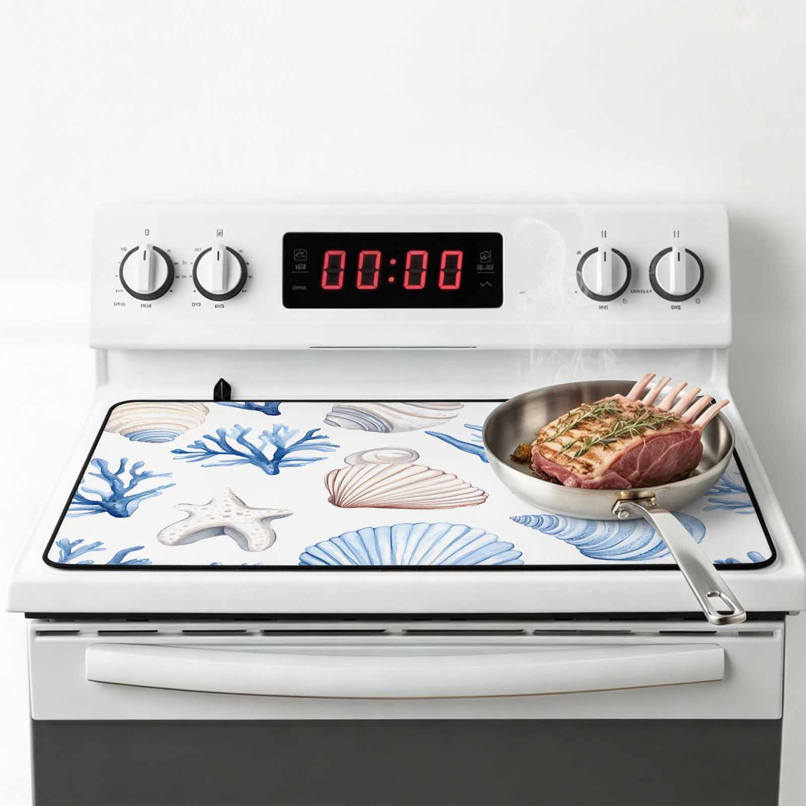 Ocean Coastal Stove Top Cover for Electric Stove, Heat-proof & Non Slip Glass Top Stove Cover Protector, Blue Coral Shell Starfish Beach Summer Kitchen Flat Cooktop Rubber Mat 24x21 Inches