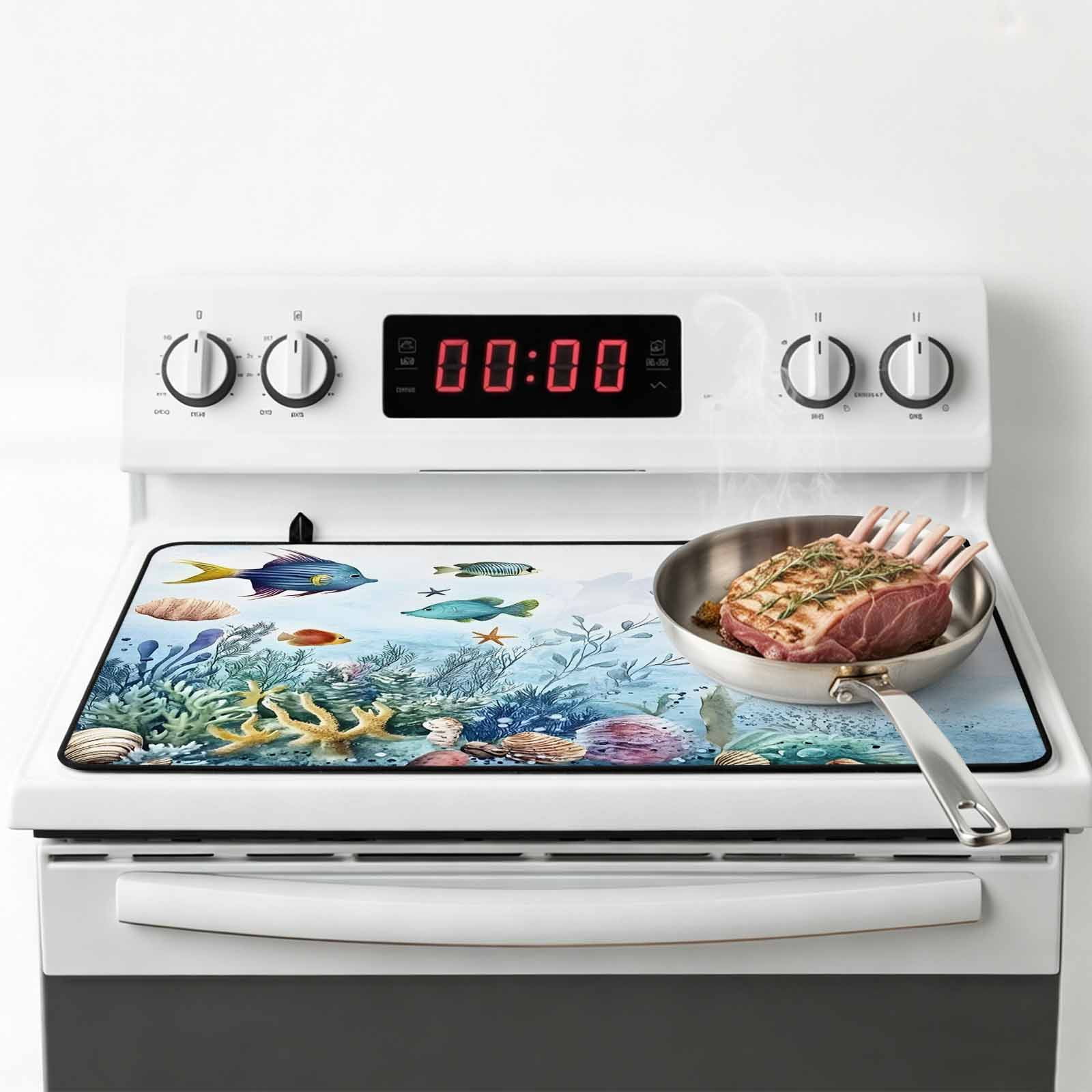 Ocean Coastal Stove Top Cover for Electric Stove, Heat-proof & Non Slip Glass Top Stove Cover Protector, Coral Fish Watercolor Shell Starfish Kitchen Flat Cooktop Rubber Mat 24x21 Inches