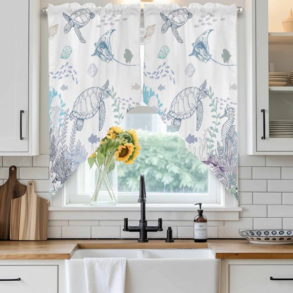 Ocean Coastal Swag Curtain Valance for Windows, Sea Turtle Coral Starfish Seaweed Hand Drawn Window Treatments Short Swag Topper for Kitchen Windows Bathroom Bedroom, 28"x36"
