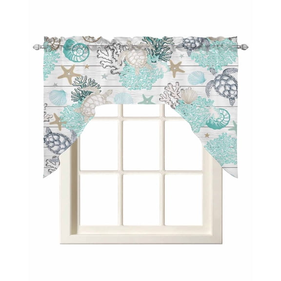 Ocean Coastal Swag Valances for Windows, Small Curtains Drapes, Watercolor Sea Turtle Coral Shell Wood Grain Kitchen Window Curtains Over Sink Window Treatment Valance for Bedroom/Bathroom 56"x36"