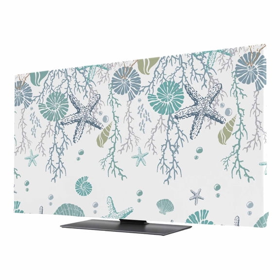 Ocean Coastal TV Cover for 24 Inch Screen,Stretch Fabric Dustproof TV Display Protector,Nautical Starfish Conch Seashells Coral Elastic Slipcover Monitor Cover for Indoor Desktop Computer 20.9"x11.8"