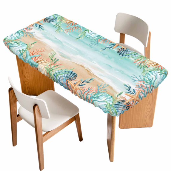 Ocean Coastal Table Cloths for 5 Foot Rectangle Tables, Summer Nautical Beach Coral Starfish Patio Waterproof Elastic Fitted Tablecloths, Washable Rectangular Table Cover for Camping