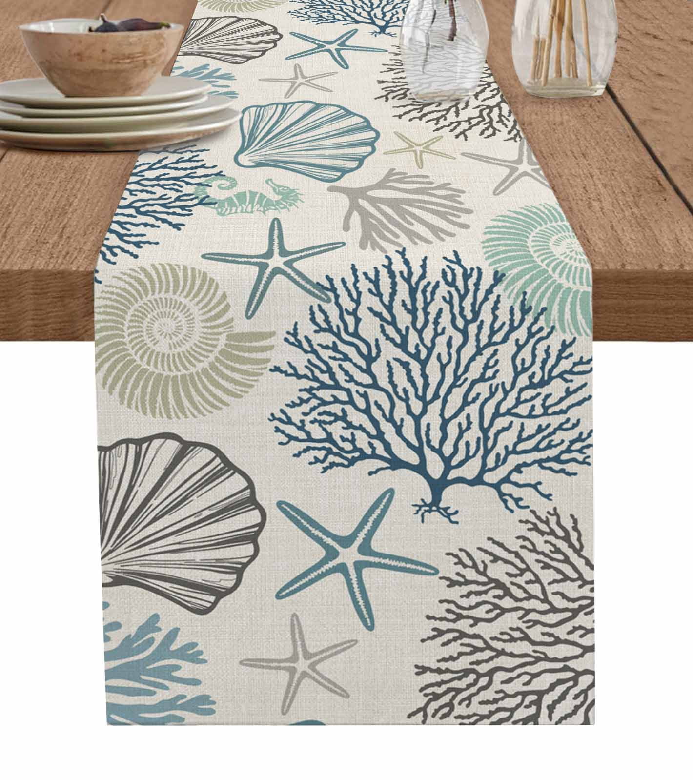 Ocean Coastal Table Runner 120 Inches, Retro Coral Starfish Shell Seahorse Bed Runner Dresser Scarves Tabletop for Indoor Outdoor Parties/Ceremony/Banquet, 13"x 120"