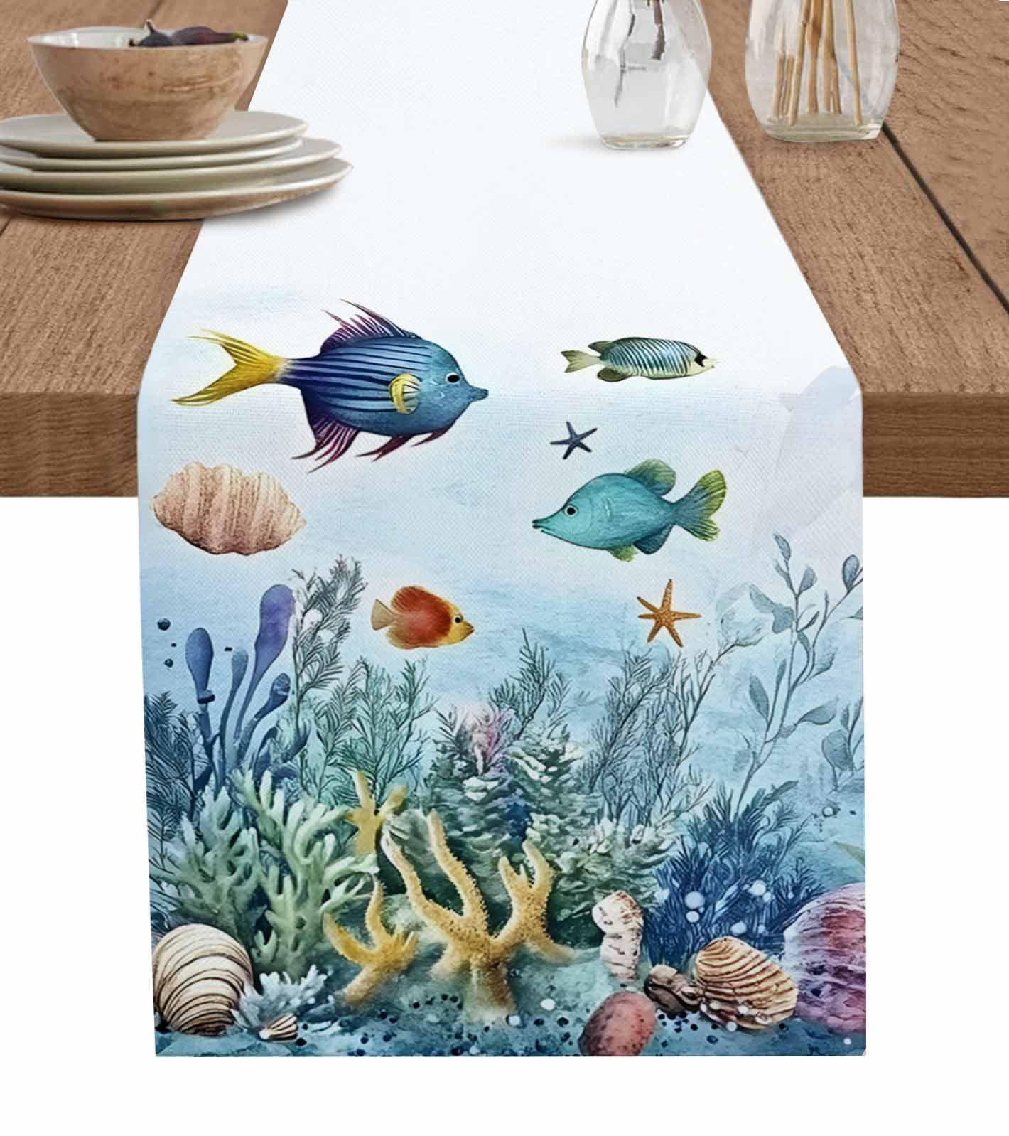 Ocean Coastal Table Runner 90 Inches, Coral Fish Watercolor Shell ...