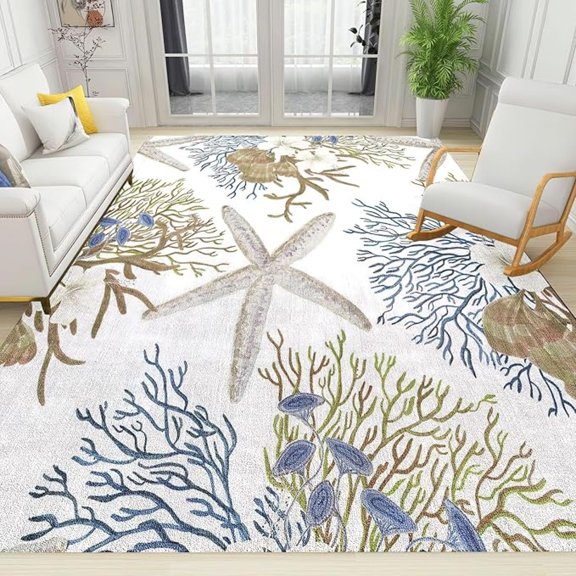 Ocean Coastal Theme Area Rug, Starfish Coral Non Slip Noise Reduction Large Area Rugs, Easy Care Durable Carpet For Indoor Living Room Bedroom Office Decor Mat 4x6ft