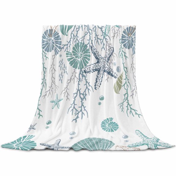 Ocean Coastal Throw Blanket for Couch,Soft Lightweight Flannel Fleece Blanket,Nautical Starfish Conch Seashells Coral Microfiber Plush All Season Decorative Blankets Gifts for Sofa Office Lap 30"x40"