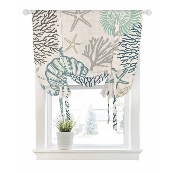 Ocean Coastal Tie Up Curtains for Window, Thermal Insulated Balloon Shade Adjustable Rod Pocket Curtains Valance Panels for Kitchen Bathroom Cafe 52 x 63 Retro Coral Starfish Shell Seahorse