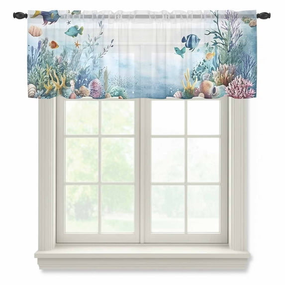 Ocean Coastal Valance Curtains for Kitchen/Living Room/Bathroom/Bedroom Window, Rod Pocket Small Topper Half Short Window Curtains Voile Sheer Scarf, Coral Fish Watercolor Shell Starfish 60"x18"