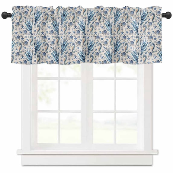 Ocean Coastal Valances for Windows Farmhouse Kitchen Curtains Valances Rod Pocket Valance Curtains for Kitchen Windows Blue Starfish Coral Shell Seahorse Conch Window Valances for Bathroom 42"x12"