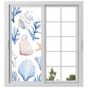 Ocean Coastal Window Privacy Film, Blue Coral Shell Starfish Beach Summer Static Cling UV Sun Blocking Heat Control Window Tint Day and Night, Non-Adhesive One Way Windows Privacy Cover 23.6''x59''