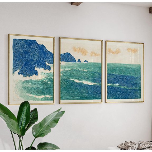 Ocean Coastline Japanese Ink Prints Set 3 Unframed Paper Print 8x12