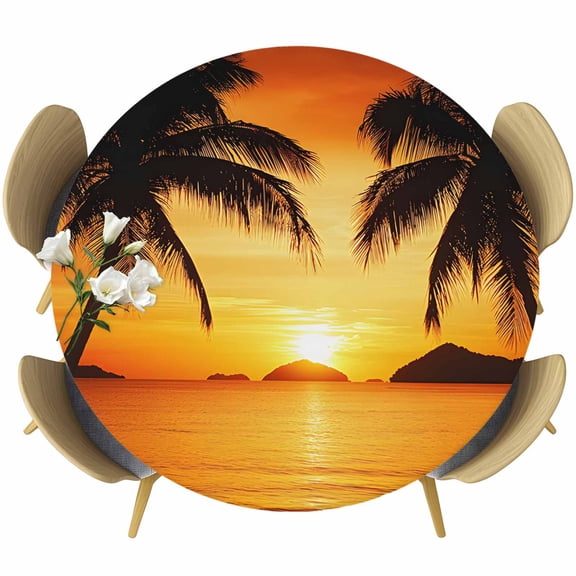 Ocean Coconut Round Tablecloth 55-60 Inch Round Fitted Table Cloth with Elastic Edge, Orange Summer Sunset Seaside Scenery Waterproof Table Cover Protector for Outdoor Picnic Party Dining