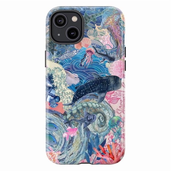 Ocean Collage Art Phone Case for iPhone 17 16 15 14 13 12 11 Pro Plus Mini, Whale Shark & Turtle Design Phone Cover