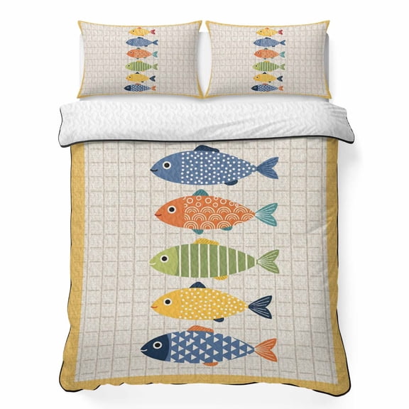 Ocean Colorful Fish 3 Piece Quilt Bedding Set with 2 Pillow Shams, Nautical Coastal Sea Blue Red Fish Yellow Plaid Lightweight Bedspread Coverlet, Soft Breathable All Season Quilt, 96 x 106 Inch