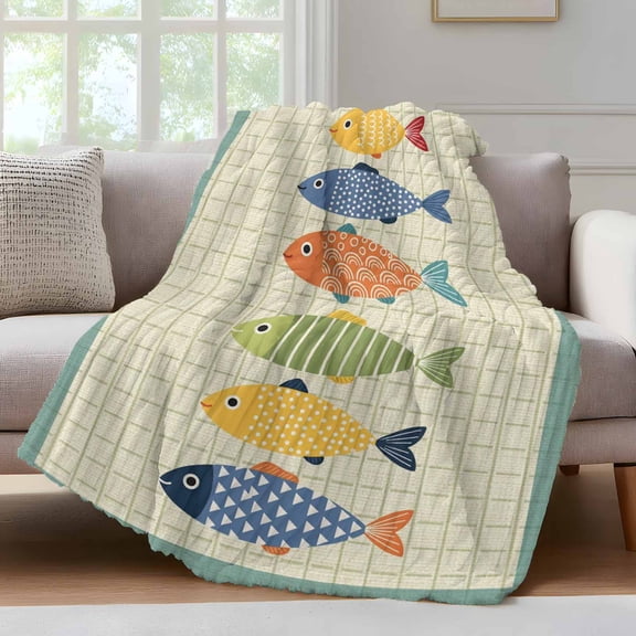 Ocean Colorful Fish Throw Blanket for Couch Nautical Coastal Sea Blue Red Fish Green Plaid Soft and Warm Flannel 3D Striped Fuzzy Fleece Blanket Lightweight Throw for Bed, Sofa 60 x 80 Inches