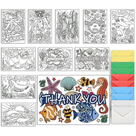 Ocean Coloring Greeting and Thank You Note Cards 10 Coloring Cards Dolphin Shark Octopus Sea Animal with 5 Colors 10Pcs Envelopes Included (Sea Ocean Whale Seahorse Fish) DIY