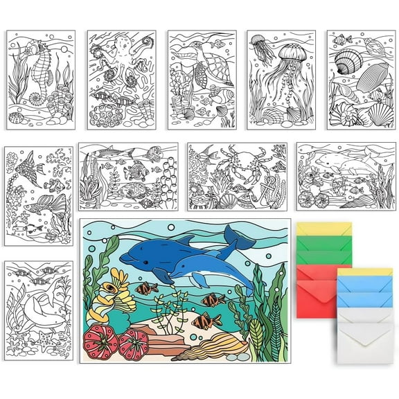 Ocean Coloring Greeting and Thank You Note Cards 10 Coloring Cards Turtles Seahorses Jellyfish Whales Shells with 5 Colors 10Pcs Envelopes Included (Sea Animal) DIY