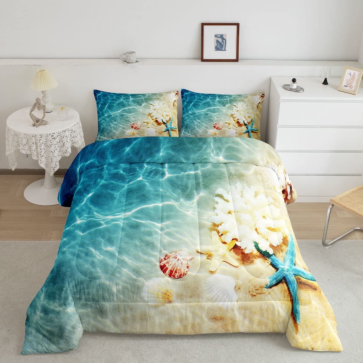 Beautiful blue beach coastal home bedding 2024 Comforter with my art.