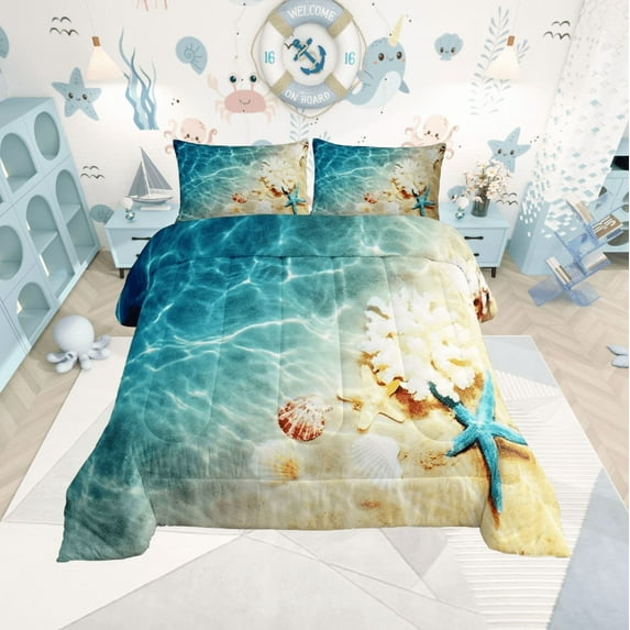 Ocean Comforter Set Queen Beach Bedding Coastal Nature Theme Pattern Teal Duvet Set Hawaiian Quilt Sets Sea Wave Animals Starfish Reversible Comforter Set 2 Pillowcases, Blue Room Decor