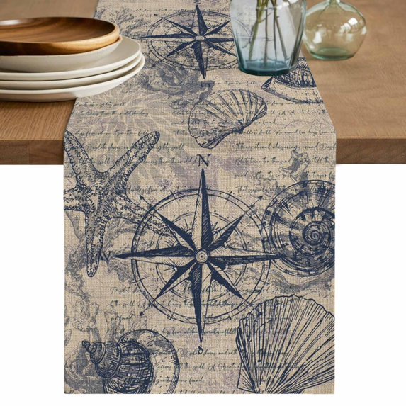 Ocean Compass Table Runner 70 Inches, Vintage Coastal Starfish Shell Conch Beige Bed Runner Dresser Scarves Tabletop for Indoor Outdoor Parties/Ceremony/Banquet, 13" x 70"