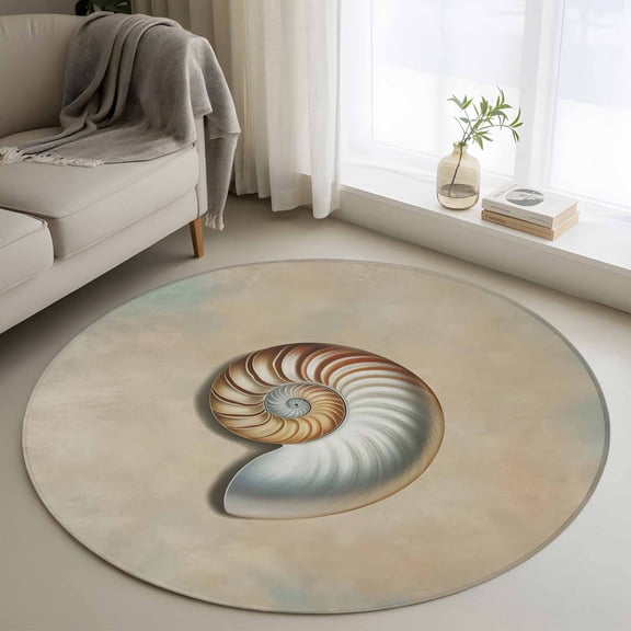 Ocean Conch 3ft Area Rug, Vintage Coastal Underwater Creature Khaki Washable Non-Slip Small Round Rugs for Entryway Bedroom Kitchen, Soft Circle Carpet for Dining Room, Playroom Nursery Rug