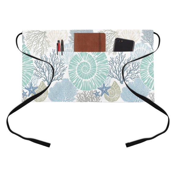Ocean Conch Half Waist Apron Coral Blue Abstract Art Texture Short Waiter Aprons with 3 Pockets for Women Men Kitchen Restaurant Cooking
