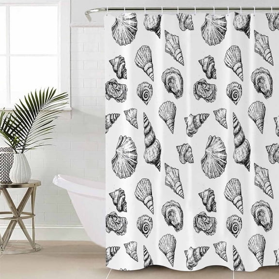 Ocean Conch Nautilus Extra Long Shower Curtain Set, Waterproof Shower Curtains for Bathroom, White Black Coastal Beach Shell Washable Fabric Cloth Bath Curtain for Bathtub with Hooks 72x96 Inches