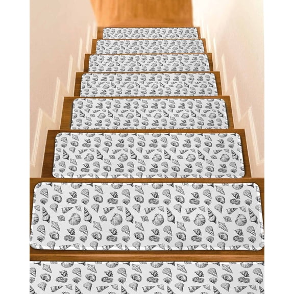 Ocean Conch Nautilus Stair Treads for Wooden Steps Indoor Runner Rug Carpet, White Black Coastal Beach Shell 7 Pieces Peel and Stick Staircase Step Treads Covers Washable Throw Door Mats, 30"x8"